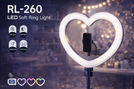 رينغ لايت LED على شكل قلب – إضاءة ناعمة وجذابة ✨ إضاءة قلبية كاملة بتصميم أنيق تمنحك إضاءة متوازنة وناعمة لصور وفيديوهات أكثر احترافية. مثالي للتصوير، البث المباشر، المكياج وصناعة المحتوى، مع ضوء مريح للعين ولمسة جمالية تلفت الانتباه في أي مكان