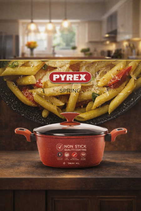 قدر Pyrex Spring غير لاصق بتصميم أنيق وأداء قوي 🌸 يوفّر طهي متساوي وسهل التنظيف، مع غطاء زجاجي لمتابعة الطبخ بكل راحة. مقاس 24 سم – سعة 4 لتر… مثالي للوجبات اليومية 👌🍽️