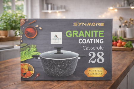 قدر جرانيت Synmore مقاس 28 سم بطلاء غير لاصق، توزيع حرارة ممتاز وسهولة في الطهي والتنظيف. عملي، متين، ومثالي للطبخ اليومي 🍳✨