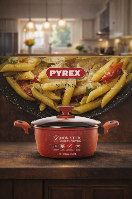 🍲 قدر PYREX Spring غير لاصق قوة وأداء عالي في الطهي مع طلاء غير لاصق ممتاز، توزيع حرارة متوازن، وغطاء زجاجي أنيق. مثالي للطبخ اليومي والعزائم 👌🔥 📏 المقاس: 26 سم | السعة: 5.2 لتر