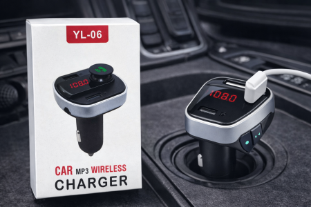 مشغل MP3 للسيارة مع شاحن – CAR MP3 Wireless Charger (YL-06) جهاز عملي يجمع بين تشغيل الموسيقى لاسلكيًا وشحن الهاتف داخل السيارة، يحوّل راديو السيارة إلى نظام صوتي حديث بسهولة.