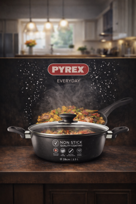 🍳 طقم PYREX Everyday غير لاصق أداء عملي للاستخدام اليومي مع طلاء غير لاصق عالي الجودة، توزيع حرارة ممتاز، وتصميم متين وسهل التنظيف. خيار مثالي لكل مطبخ 🔥 📏 المقاس: 28 سم | السعة: 3.5 لتر