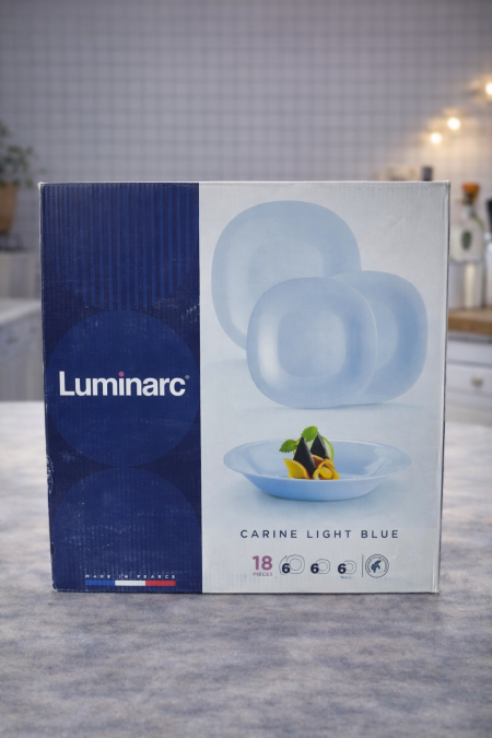 طقم سفرة Luminarc Carine Light Blue الأصلي 🇫🇷 18 قطعة بتصميم أنيق ولون هادئ، زجاج متين مناسب للاستخدام اليومي ويعطي لمسة راقية لطاولة الطعام