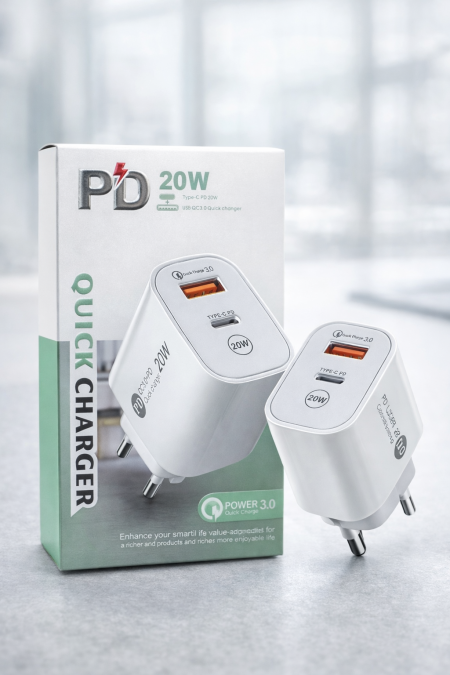 شاحن حائط PD 20W سريع – USB-C + USB (Quick Charge 3.0) شاحن عملي وقوي يوفر شحنًا سريعًا وآمنًا لمختلف الأجهزة الذكية، بتصميم أنيق وحجم مناسب للاستخدام اليومي في البيت أو المكتب