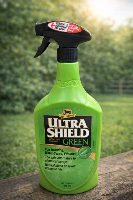 بخاخ Ultra Shield Green حماية طبيعية للخيول ضد الذباب والحشرات، تركيبة مائية لطيفة غير مهيِّجة، فعّالة وآمنة للاستخدام اليومي، برائحة زيوت طبيعية تحافظ على راحة الخيل في الإسطبل أو أثناء التدريب والمرعى.