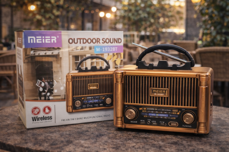 راديو Meier M-1932BT بتصميم ريترو قوي مخصص للاستخدام الخارجي، صوت واضح وعالي الجودة مع دعم Bluetooth وتشغيل USB وTF وAUX، واستقبال FM / AM / SW. عملي وسهل الحمل، مثالي للرحلات، الحدائق، والاستخدام اليومي داخل أو خارج المنزل