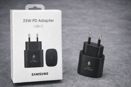 شاحن سامسونج الأصلي 25W PD – USB-C (Super Fast Charging) شاحن حائط قوي وسريع يدعم تقنية Power Delivery 25W لشحن أجهزتك بكفاءة عالية وبأمان تام، بتصميم صغير ومتين مناسب للاستخدام اليومي
