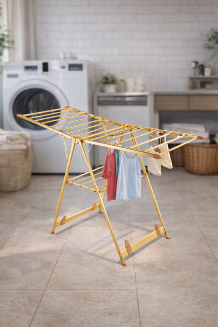 منشر ملابس ألمنيوم بتصميم أنيق وقابل للطي، خفيف ومتين ويوفّر مساحة واسعة لتجفيف الملابس بسرعة. مثالي للاستخدام داخل البيت أو على الشرفة 👕🌿