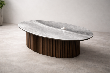 طاولة قهوة بتصميم مودرني فاخر سطح رخامي أنيق مع قاعدة خشبية متينة، تجمع بين الجمال والقوة، وتضفي لمسة راقية على أي غرفة معيشة