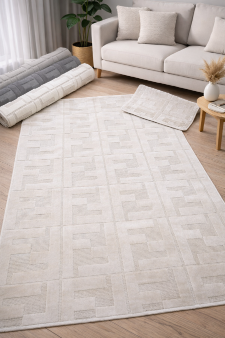 سجاد فندي بتصميم عصري فاخر ونقشة هندسية أنيقة، يضيف لمسة رقي وهدوء للمكان. خامة عالية الجودة، عملي وسهل التنظيف، مثالي للديكورات الحديثة.