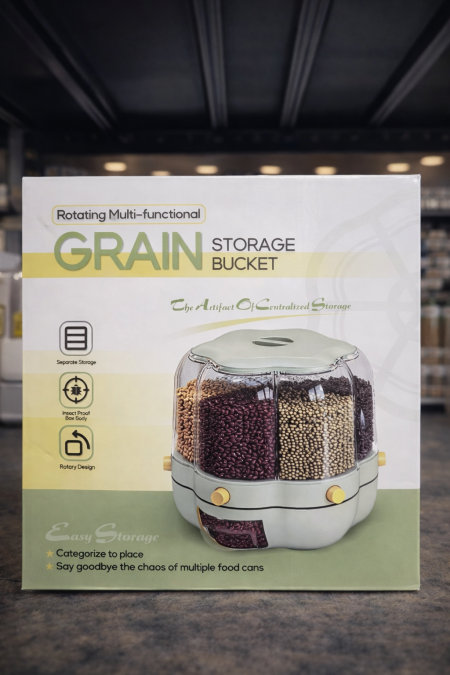 منظم حبوب دوّار متعدد الأقسام ✨ يحفظ الحبوب طازجة، سهل الاستخدام، تصميم محكم ضد الحشرات، ويوفّر ترتيب ذكي للمطبخ بكل أناقة.