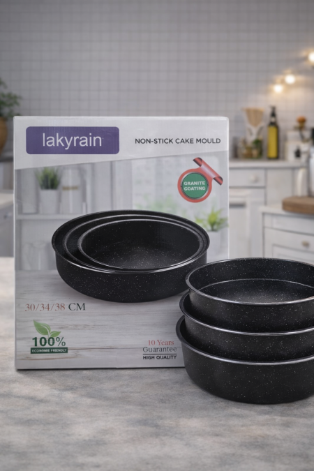 طقم قوالب كيك Lakyrain عدد 3 قطع بطبقة جرانيت غير لاصقة، أحجام 30 / 34 / 38 سم لنتائج خبز مثالية وسهولة إخراج وتنظيف. جودة عالية وضمان 10 سنوات لعشّاق الحلويات 🧁✨