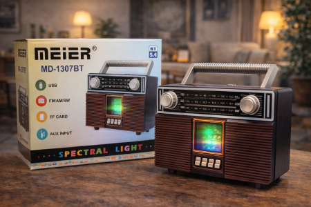 راديو Meier MD-1307BT بتصميم ريترو أنيق مع إضاءة Spectral جذابة، يدعم Bluetooth 5.4 وتشغيل الموسيقى عبر USB وTF وAUX، مع استقبال FM / AM / SW وصوت واضح. عملي وسهل الحمل، مثالي للاستخدام اليومي في البيت أو المكتب.
