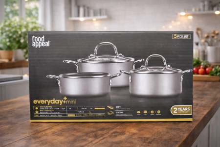 طقم قدور Food Appeal Everyday Mini – 5 قطع بتصميم أنيق وحجم عملي للاستخدام اليومي. متين، توزيع حرارة ممتاز، وسهل التنظيف. خيار مثالي للمطابخ العصرية 👩‍🍳🍲