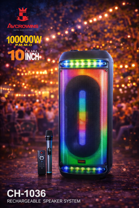 سماعة Avcrowns CH-1036 القوية بتصميم فخم وإضاءة RGB جذابة، صوت عالي وباس عميق يعبّي المكان. تدعم البلوتوث، الكاراوكي، USB وFM، ومع بطارية قابلة للشحن لتشغيل طويل. الخيار المثالي للحفلات، المناسبات، والبيت