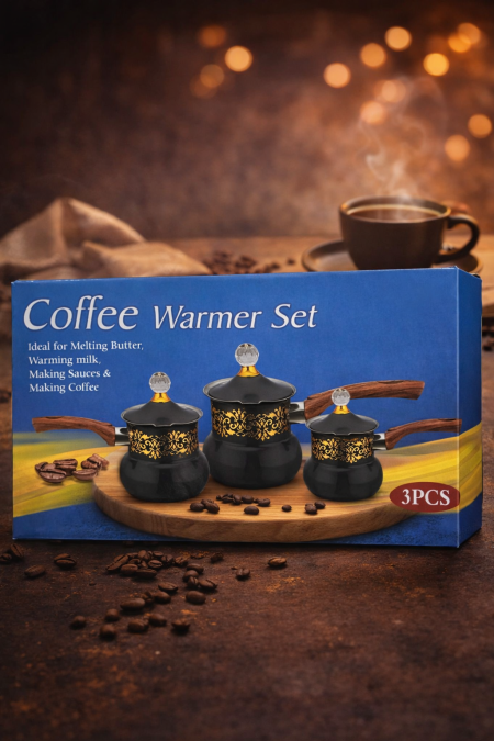 ☕️ طقم تسخين القهوة – 3 قطع مثالي لتحضير القهوة، تسخين الحليب، وإذابة الزبدة والصلصات. تصميم أنيق بمقابض خشبية ولمسة فخمة يضيف جمال لمطبخك. عملي، سهل الاستخدام، ومناسب للاستخدام اليومي.