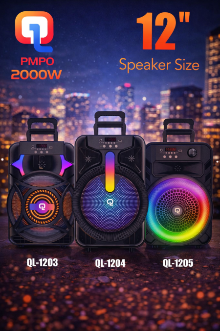 سماعة حفلات قوية بحجم 12 إنش، تعطيك صوت عالي وباس عميق يملأ المكان. مزودة بإضاءة RGB جذابة، اتصال بلوتوث، مداخل USB وAUX، ودعم كرت ذاكرة. مثالية للحفلات، المناسبات، والاستخدام الخارجي مع تصميم متين وسهل الحمل