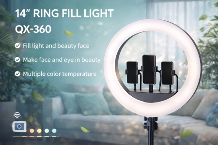 إضاءة رينغ لايت 14 إنش احترافية تمنحك إضاءة ناعمة ومتوازنة تبرز ملامحك بجودة عالية، مثالية للتصوير، البث المباشر، والمكياج. تصميم عملي مع حوامل متعددة للموبايل وتحكم سهل بدرجات الإضاءة لنتيجة احترافية بكل استخدام