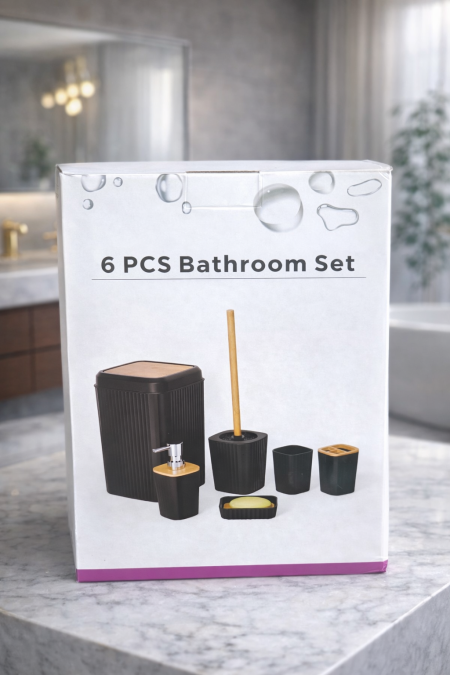 طقم حمّام 6 قطع بتصميم عصري باللون الأسود مع لمسة خشبية أنيقة 🖤🪵 تنظيم مثالي ولمسة فخامة تناسب كل الحمّامات، عملي وجذاب للاستخدام اليومي.