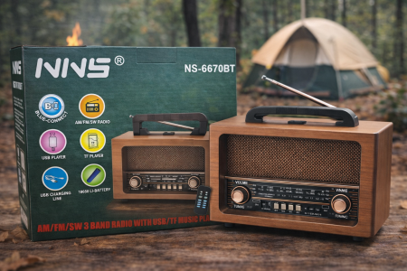 راديو NNS NS-6670BT بتصميم ريترو أنيق وسهل الحمل، يدعم Bluetooth وتشغيل الموسيقى عبر USB وTF، مع استقبال AM / FM / SW وصوت واضح. مزوّد ببطارية 18650 قابلة للشحن وتحكم مريح، خيار عملي للبيت، المكتب، والرحلات.