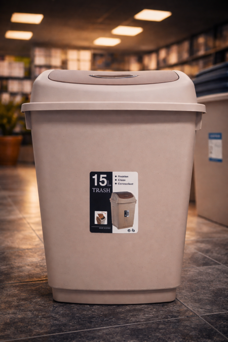 سلة مهملات 15 لتر بتصميم عملي وأنيق 🧺 غطاء متحرك سهل الاستخدام، حجم مثالي للمطبخ أو المكتب، خامة قوية وسهلة التنظيف ✨