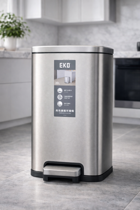 سلة مهملات ستانلس ستيل EKO بسعة 20 لتر 🗑️ بتصميم عصري وأنيق، دعسة قدم مع إغلاق هادئ (Soft Close)، مقاومة لبصمات الأصابع وتبقى مفتوحة عند الحاجة. مثالية للمطبخ والبيت العصري.