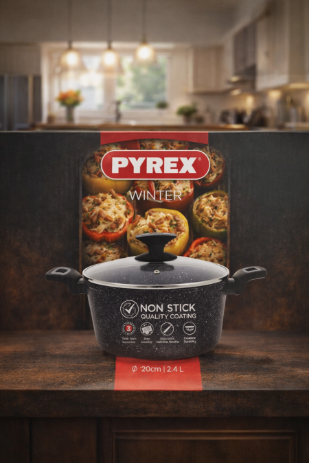 🍲 قدر PYREX Winter غير لاصق أداء قوي في الطهي مع طلاء غير لاصق عالي الجودة، توزيع حرارة ممتاز، وغطاء زجاجي عملي. تصميم أنيق ومتين للاستخدام اليومي بكل راحة 🔥 المقاس: 20 سم | السعة: 2.4 لتر