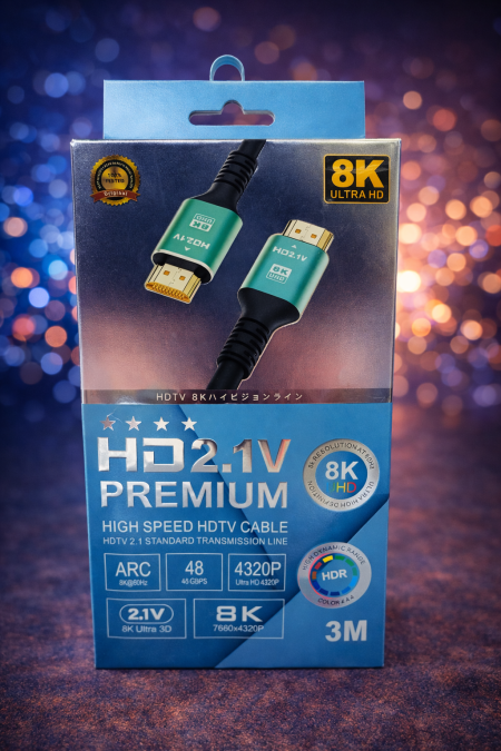كابل HDMI 2.1 Premium أداء فائق بدقة 8K Ultra HD لنقل صورة وصوت مذهلين بدون تقطيع. يدعم HDR و48Gbps لتجربة سينمائية سلسة، مثالي للتلفزيونات الذكية، البلايستيشن، الإكس بوكس، والـPC. جودة عالية وثبات إشـارة بطول 3 متر لراحة أكبر.