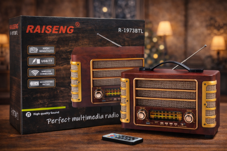 راديو Raiseng R-1973BTL بتصميم كلاسيكي أنيق، يجمع بين الشكل التراثي والتقنيات الحديثة. يدعم الراديو FM/AM مع تشغيل USB وTF، واتصال لاسلكي لتشغيل الموسيقى بكل سهولة، وبطارية قابلة للشحن تمنحك استخدامًا عمليًا في أي مكان. صوت قوي وواضح لعشّاق الذوق الكلاسيكي.