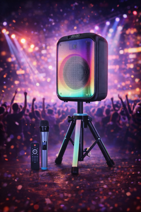 سماعة حفلات قوية بتصميم احترافي، صوت عالي وواضح مع Bass عميق يهز المكان 🔊. مزودة بإضاءة LED جذابة، بطارية مدمجة تدوم لساعات، وتدعم البلوتوث والمايك للتحكم الكامل بالأجواء. مثالية للحفلات، المناسبات، والاستخدام الخارجي بكل قوة وأناقة.