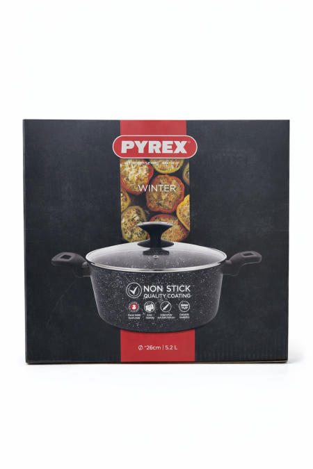 طنجرة Pyrex Winter مقاس 26 سم بسعة 5.2 لتر، طلاء غير لاصق عالي الجودة لطبخ صحي بدون التصاق، توزيع حرارة ممتاز، سهلة التنظيف ومناسبة للفرن 🔥🍲 مثالية للطبخ اليومي ولمّات العائلة.
