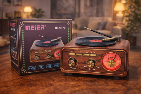 جهاز Meier MD-1317BT بتصميم ريترو أنيق مع قرص دوّار كلاسيكي ولمسة خشبية فاخرة. يدعم الراديو، تشغيل الموسيقى عبر USB وTF وAUX، مع تحكم سهل وصوت واضح، ليجمع بين جمال الزمن الجميل والتقنيات الحديثة في قطعة واحدة مميزة للبيت أو المكتب.