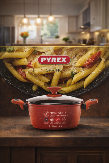 🍲 قدر PYREX Spring غير لاصق مثالي للعائلات والطبخ اليومي، طلاء غير لاصق عالي الجودة، توزيع حرارة ممتاز، وغطاء زجاجي عملي. أداء قوي وتصميم أنيق يدوم 👌🔥 📏 المقاس: 28 سم | السعة: 6.7 لتر