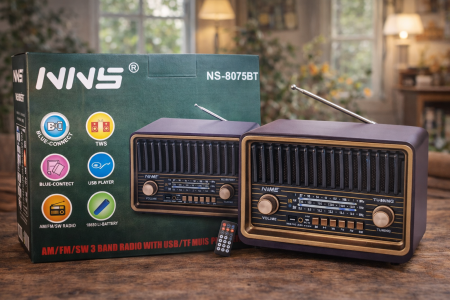 راديو NNS NS-8075BT بتصميم ريترو أنيق وحجم عملي، يدعم Bluetooth وTWS وتشغيل الموسيقى عبر USB وTF، مع استقبال AM / FM / SW وبطارية 18650 قابلة للشحن. صوت واضح وسهولة استخدام، مثالي للبيت، المكتب، والرحلات.