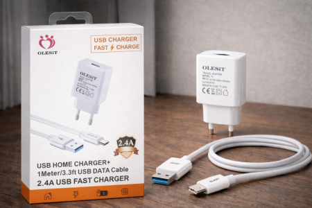 شاحن OLESIT USB سريع 2.4A مع كابل Type-C بطول 1 متر