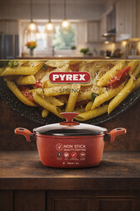 🍲 قدر PYREX Spring غير لاصق طهي مريح ونتائج ممتازة مع طلاء غير لاصق عالي الجودة، توزيع حرارة متوازن، وغطاء زجاجي أنيق. عملي ومتين للاستخدام اليومي في كل مطبخ. 📏 المقاس: 24 سم | السعة: 4 لتر