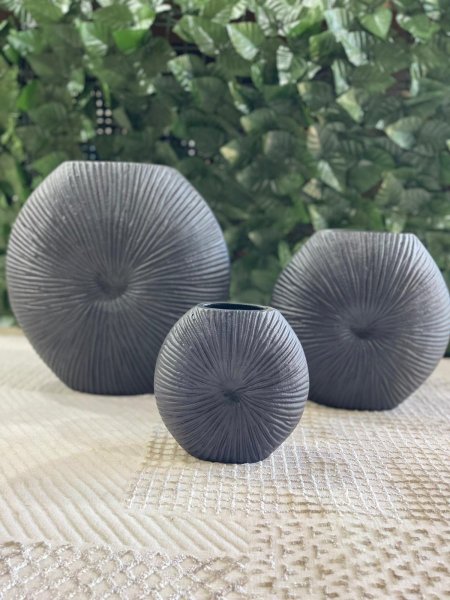 طقم فازات ديكور بتصميم دائري أنيق ونقش شعاعي مميز، بلون رمادي مطفي هادئ. يضيف لمسة عصرية راقية لأي مساحة، مثالي للطاولات والرفوف وزوايا الصالون، ويبرز جمال الورد الجاف أو يُعرض كقطعة ديكور فنية مستقلة.