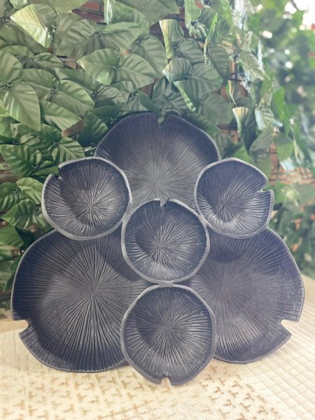 فازات ديكور صحون بتصميم أوراق أنيق ولمسة ذهبية فاخرة مع نقش بارز جذاب. مثالي للتقديم أو للعرض كقطعة ديكور راقية على الطاولات، ويضيف فخامة ولمسة طبيعية أنيقة لأي مساحة.