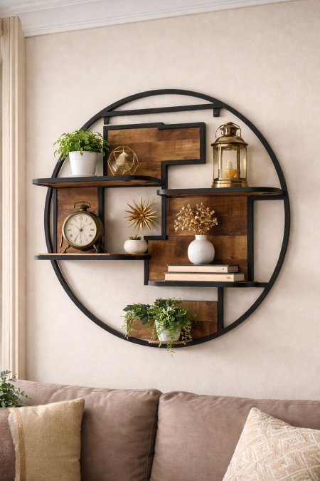 رف جداري دائري خشب بلوط مع إطار معدني نحاسي اصلي تصميم عصري يجمع بين الخشب الطبيعي والمعدن الأسود، عملي وأنيق لعرض ديكوراتك ولمسة فخامة على جدار بيتك 🖤🌿