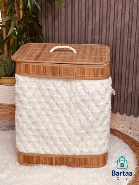 سلة الغسيل الراقية فرو الأرنب مع الخشب