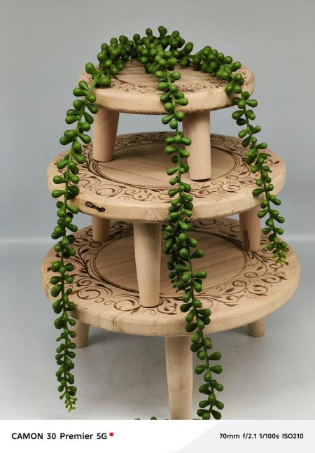 ستاند خشبي ديكور بثلاث طبقات 🌿 تصميم محفور أنيق مثالي لعرض الحلويات أو الإكسسوارات أو النباتات. قطعة مميزة تضيف لمسة ريفية عصرية لأي طاولة ✨