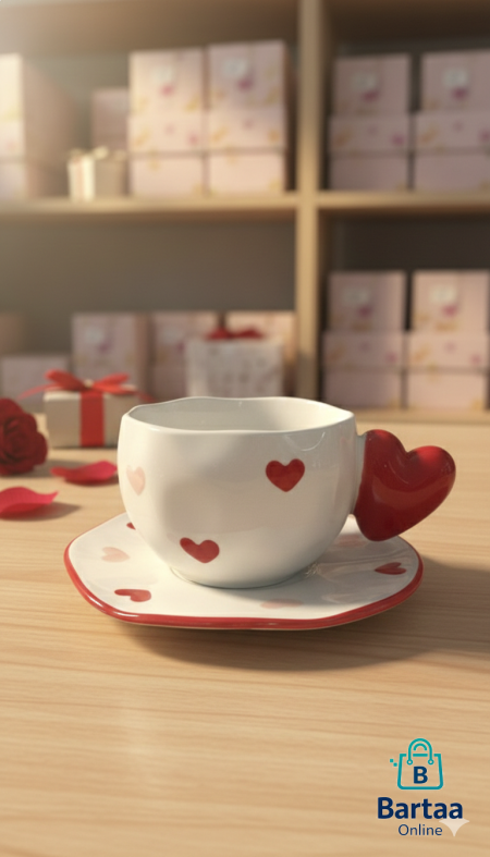فنجان قهوة مع صحن بتصميم لطيف، مثالي للهدايا ولجلسات القهوة الرومانسية. أنيق، عملي، ويضيف لمسة حب ودفء لكل رشفة