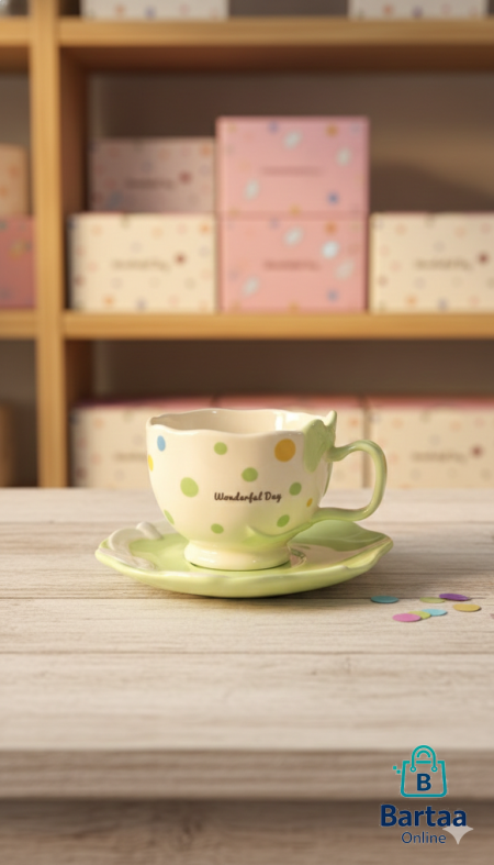 فنجان قهوة أنيق بنقشة نقاط ملوّنة مع صحن متناسق، تصميم ناعم يضيف لمسة بهجة لكل صباح ☕✨ مثالي للقهوة والشاي ولإهداء من تحب.