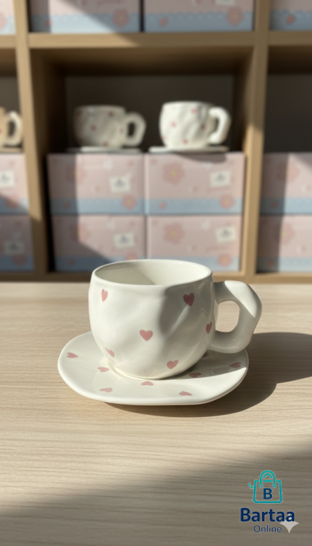 طقم فنجان مع صحن بتصاميم ناعمة ومبهجة ☕💙 ألوان هادئة ورسومات لطيفة تضيف دفء وأناقة لكل جلسة قهوة، مناسب للاستخدام اليومي أو كهدية جميلة.