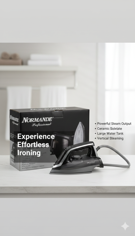 مكواة بخار Normande Professional قوة بخار عالية لتجربة كي سهلة وسريعة 👕⚡ قاعدة سيراميك ناعمة، خزان ماء كبير، وإمكانية كي عمودي للستائر والملابس المعلقة. 👌 أداء احترافي… ونتيجة مثالية من أول مرة.