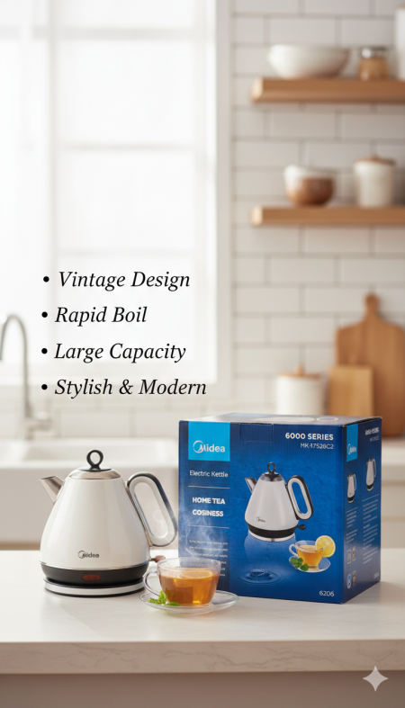 غلاية كهربائية Midea 6000 Series ☕🔥 تصميم Vintage أنيق مع غليان سريع وسعة كبيرة تناسب كل بيت 👌 عملية، عصرية، وتضيف لمسة جمال لمطبخك كل يوم ✨