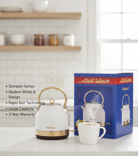 غلاية Gold Line – Salvador Series 🤍✨ تصميم أبيض فاخر بلمسات ذهبية يضيف أناقة لأي مطبخ 👌 غليان سريع، سعة كبيرة، وضمان سنتين لراحة بالك 🔥 اختيار مثالي لعشاق الذوق الراقي ☕💛