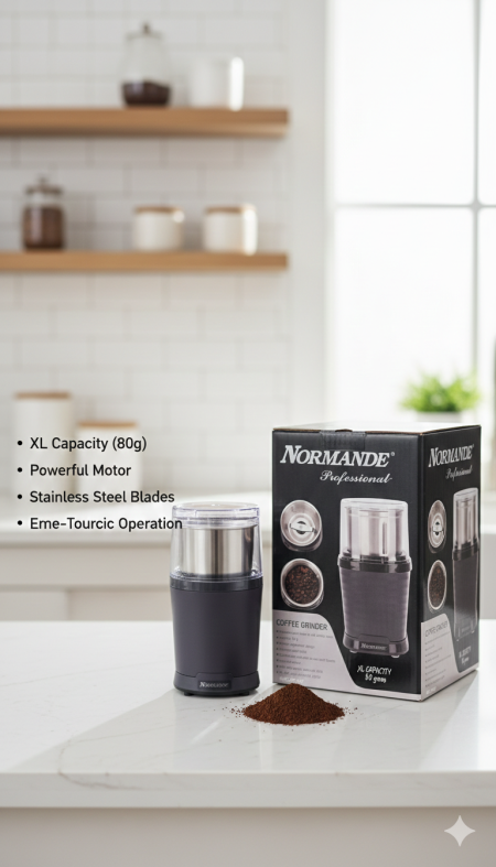 مطحنة قهوة Normande Professional ☕🔥 سعة كبيرة حتى 80 غرام، مع شفرات ستانلس ستيل ومحرك قوي لنتيجة ناعمة بثواني 👌 تشغيل سهل وتصميم عملي… طعم قهوة طازج كل يوم ✨💛