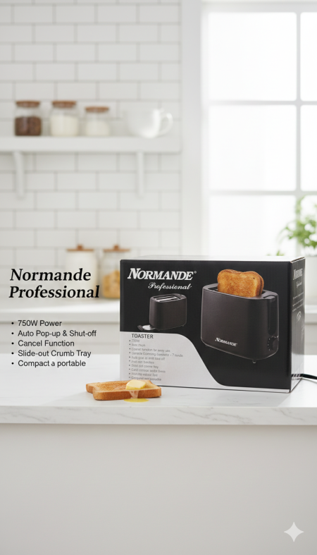 محمصة خبز Normande Professional 750W 🍞🔥 تحميص سريع ومتساوي مع خاصية الإيقاف التلقائي وزر الإلغاء لراحة أكبر 👌 درج فتات منزلق لتنظيف سهل وتصميم عملي يناسب أي مطبخ ✨ فطورك الجاهز بطعم ألذ كل يوم 💛