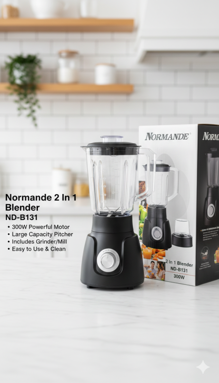 خلاط Normande 2 in 1 ND-B131 🔥🥤 محرك قوي 300 واط مع إبريق سعة كبيرة لطحن وخلط العصائر والشوربات بكل سهولة 👌 يأتي مع مطحنة إضافية، سهل الاستخدام والتنظيف… جهاز عملي لكل مطبخ 💛✨